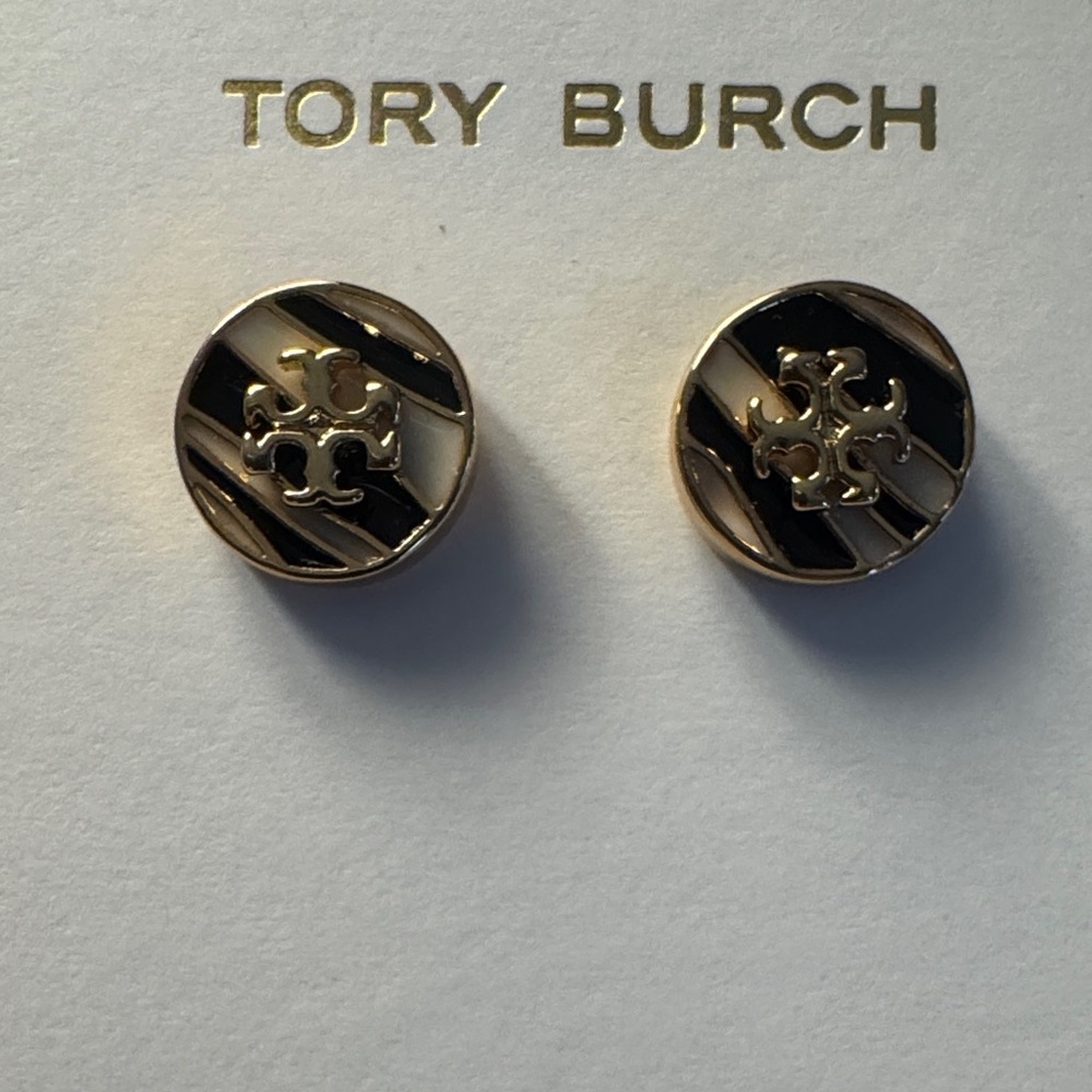 NWOT Tory Burch Gold With Black /White Striped Stud Earrings
